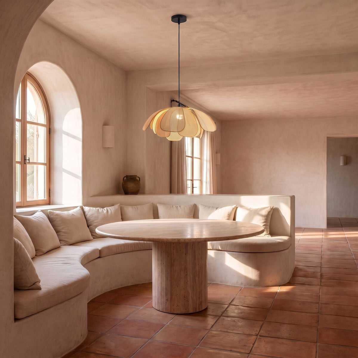 Woven Rattan Petal Flower Pendant Light, Ø50 cm, above a round table in a sunlit breakfast nook