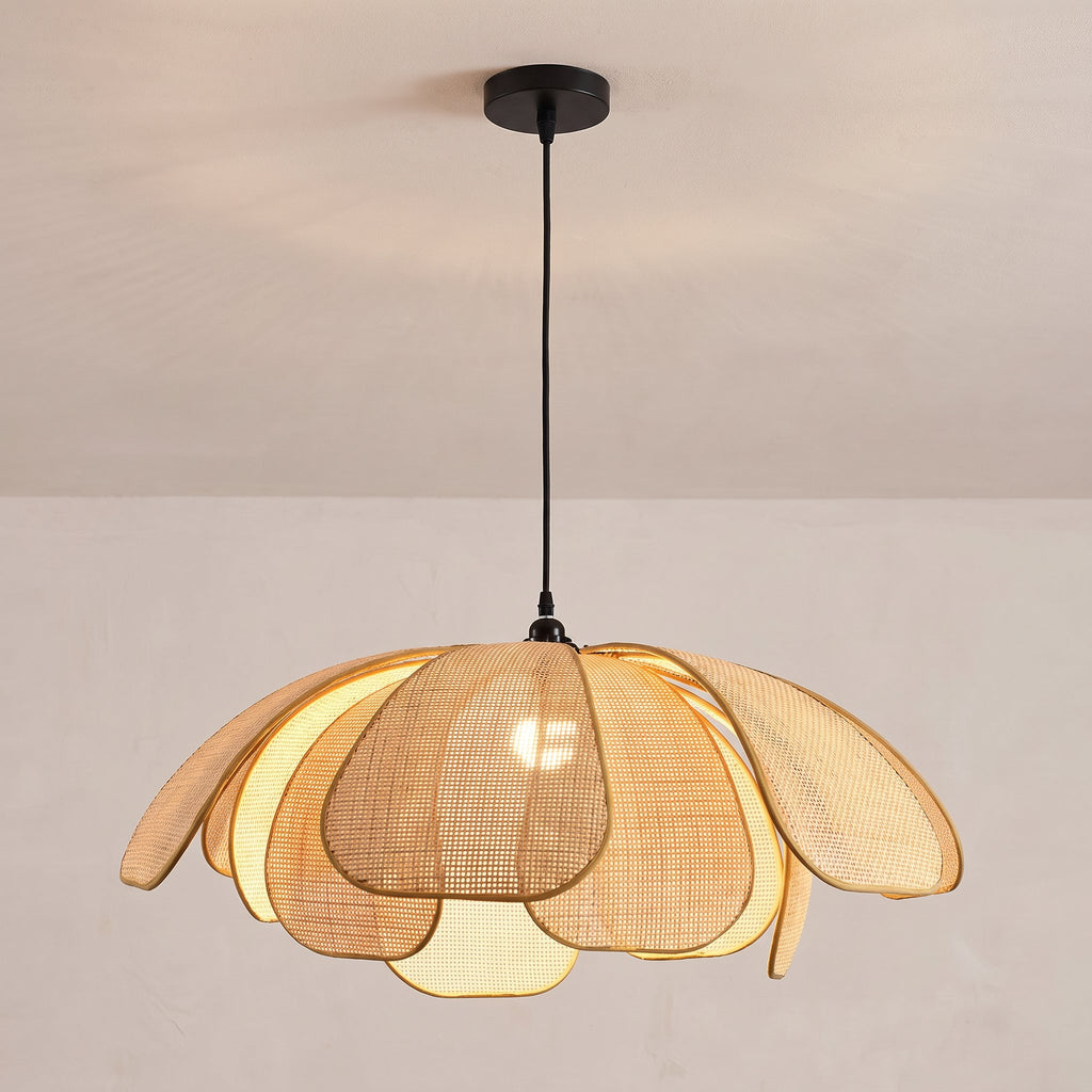 Woven Rattan Petal Flower Pendant Light close-up showing the rattan cane webbing and wicker rims