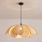 Woven Rattan Petal Flower Pendant Light close-up showing the rattan cane webbing and wicker rims