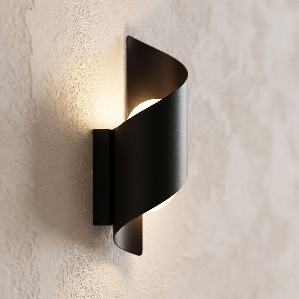 Wrap Around Aluminium and Glass Up Down Wall Light, close view at 45 degrees on a plaster wall