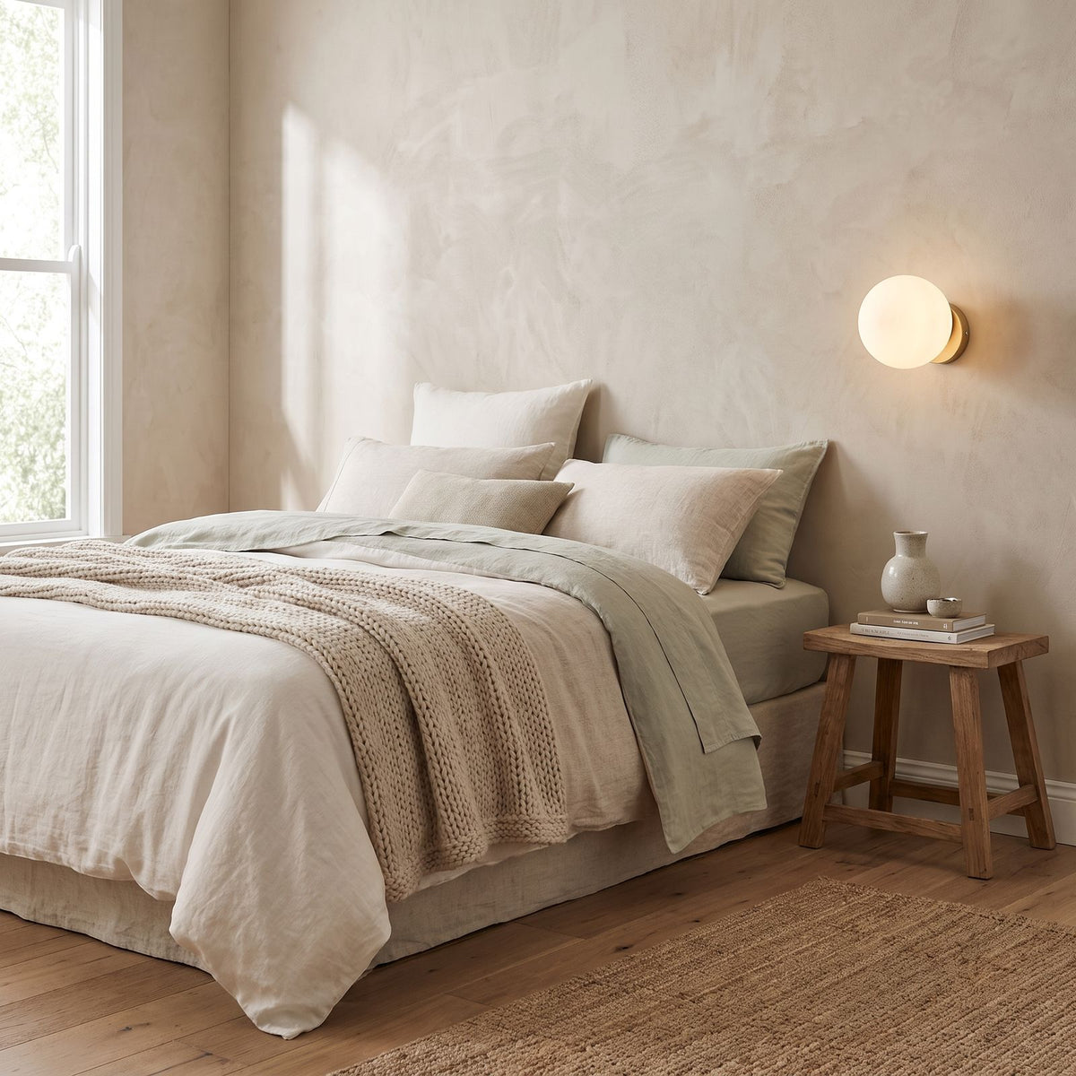 Wrought Iron Frame Glass Shade Wall Light on a bedroom wall beside the bed