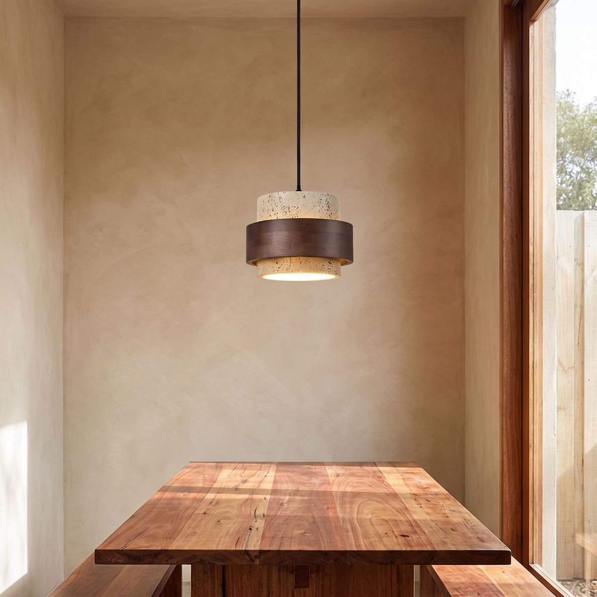 Yellow Travertine Single or Multi-Head Pendant Light above a timber dining table