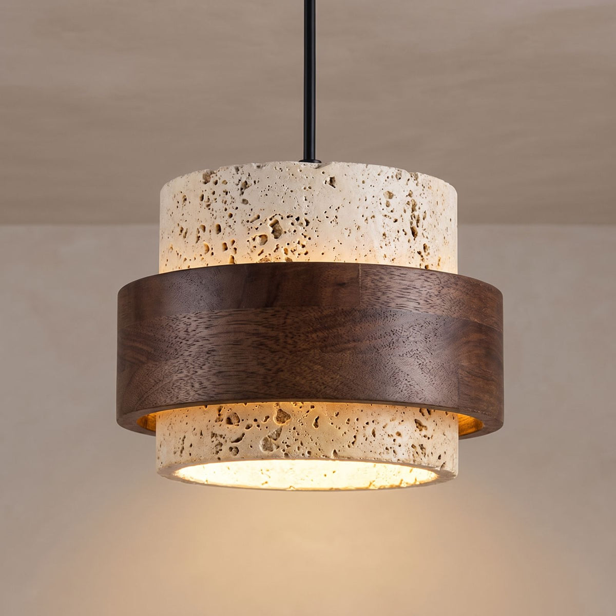 Yellow Travertine Single or Multi-Head Pendant Light, close view from below