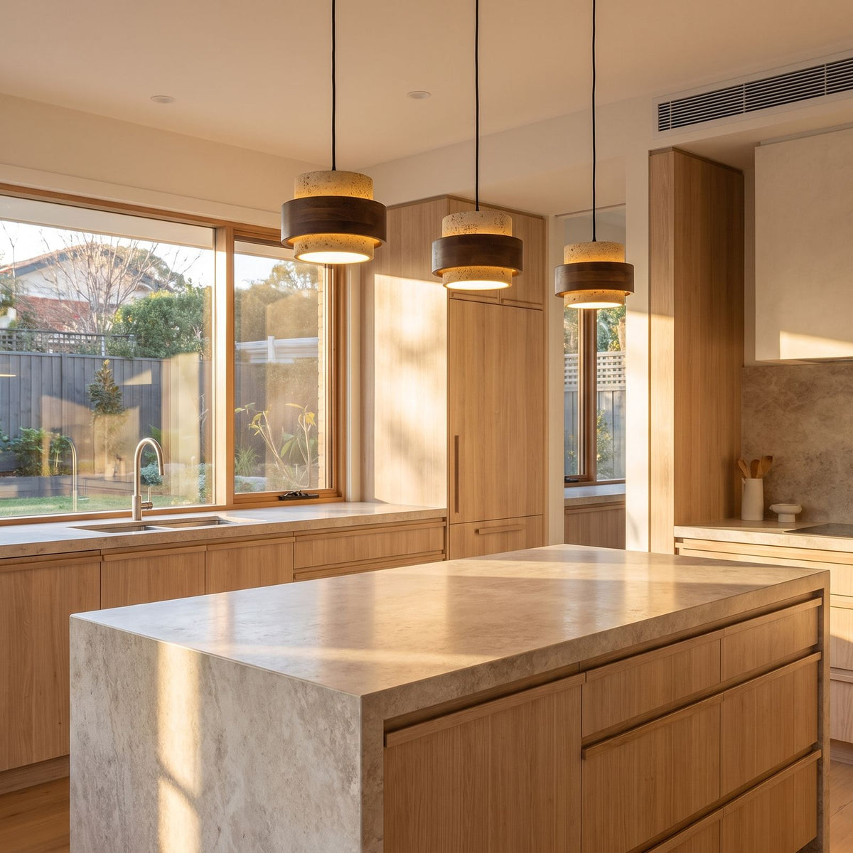 Yellow Travertine Single or Multi-Head Pendant Light in a row of three over a stone kitchen island