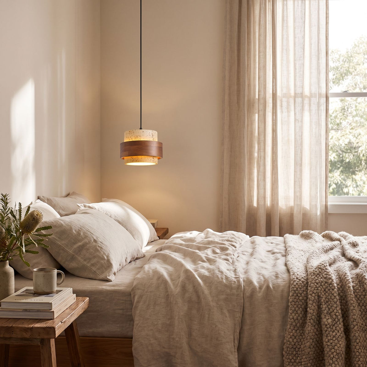 Yellow Travertine Single or Multi-Head Pendant Light beside a bed as a bedside pendant