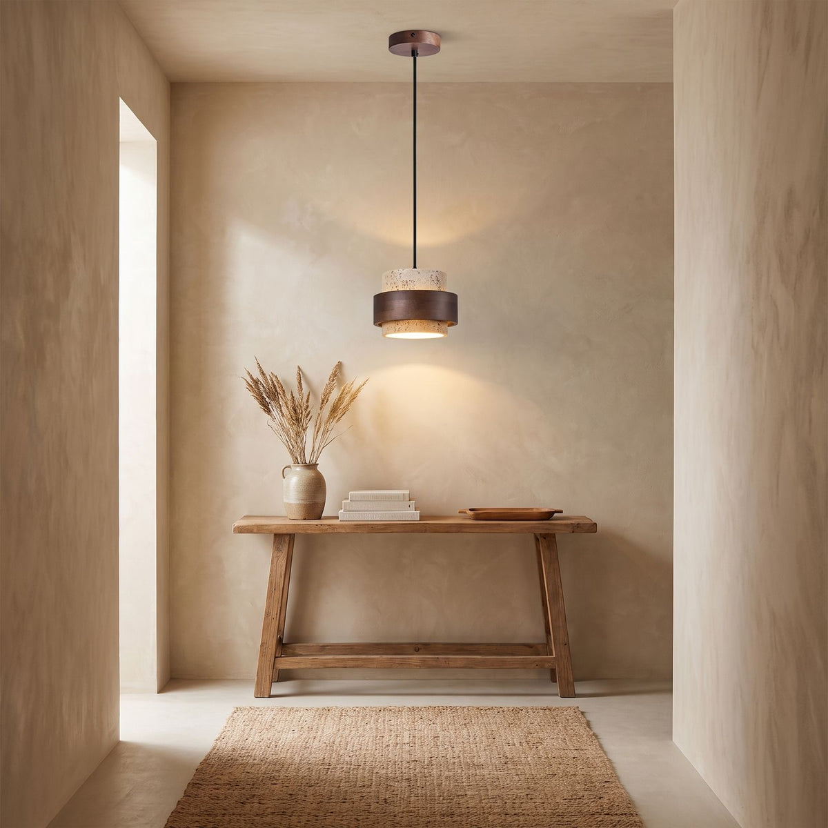 Yellow Travertine Single or Multi-Head Pendant Light above a console in an entry hallway