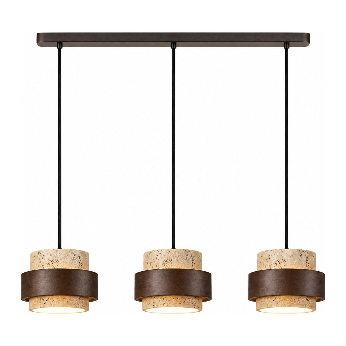 Yellow Travertine Single or Multi-Head Pendant Light as a three-light version on a white background
