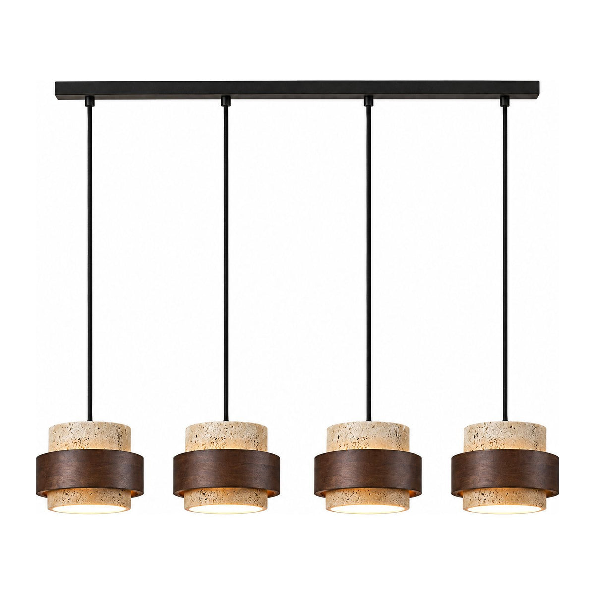Yellow Travertine Single or Multi-Head Pendant Light as a four-light version on a white background
